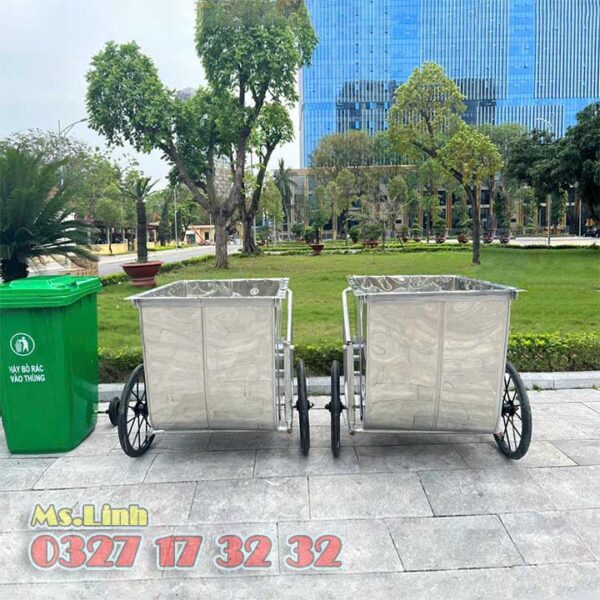 Xe gom rác 500L inox dày bánh lớn có hoặc không nắp đậy