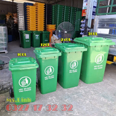 Thùng rác lớn có bánh xe và nắp đậy