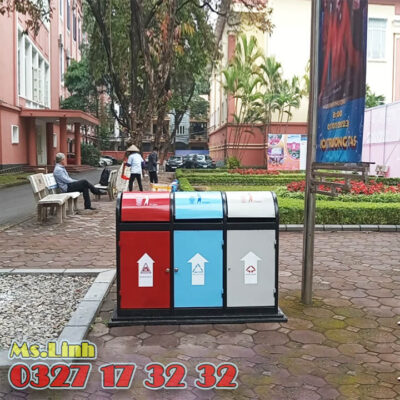 Thùng rác ngoài trời 3 ngăn thép A58-O