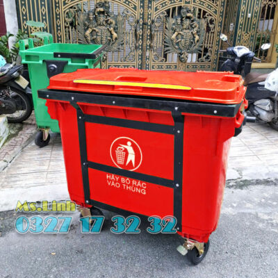 Gia cố xe gom rác hdpe 660 lít màu đỏ
