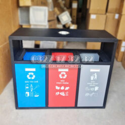 Thùng rác 3 ngăn inox mái che gạt tàn